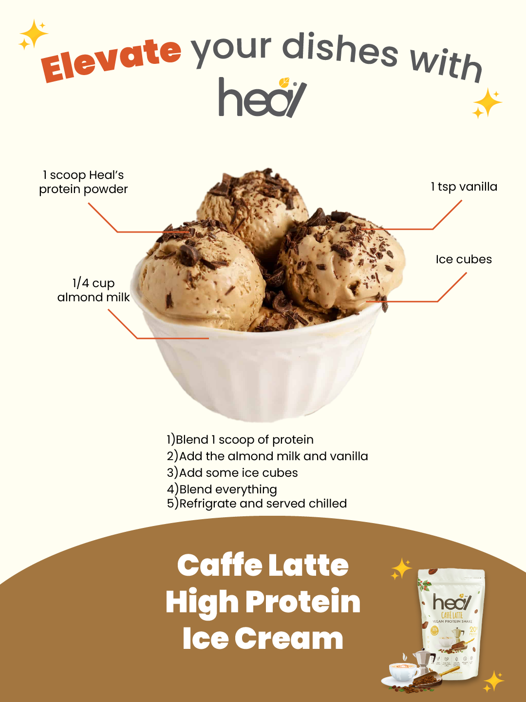 Heal Caffe Latte Vegan Protein Shake, (540g - 15 Servings) Value Pack