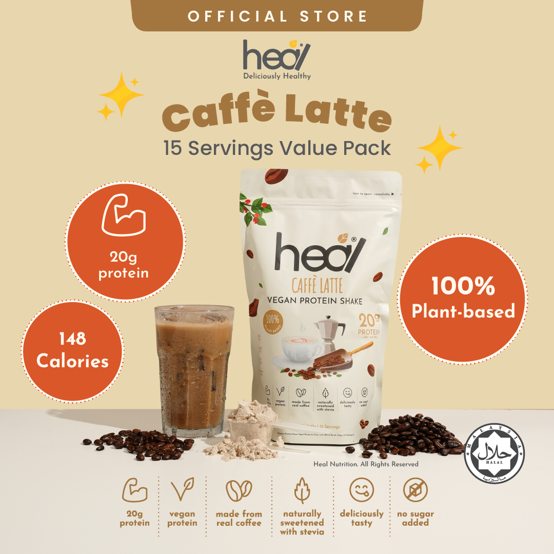 Heal Caffe Latte Vegan Protein Shake, (540g - 15 Servings) Value Pack