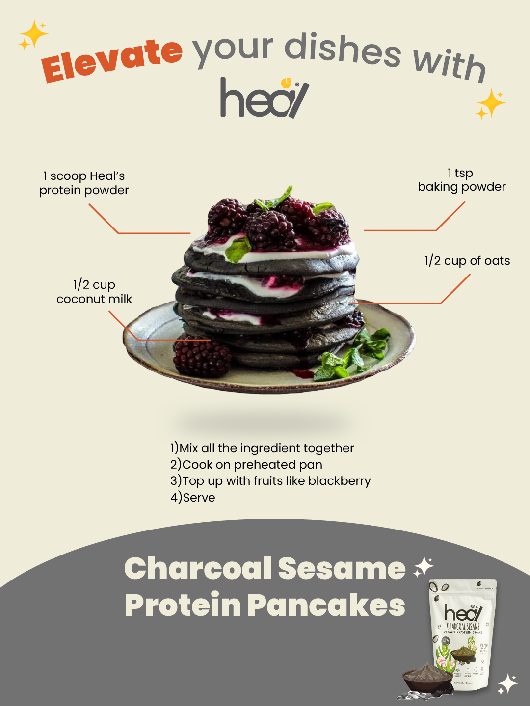 Heal Charcoal Sesame Vegan Protein Shake, (585g - 15 Servings) Value Pack