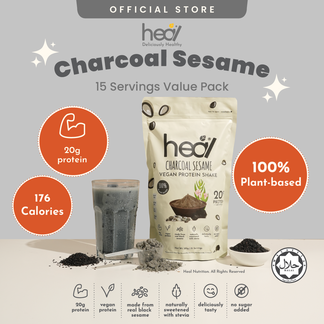 Heal Charcoal Sesame Vegan Protein Shake, (585g - 15 Servings) Value Pack