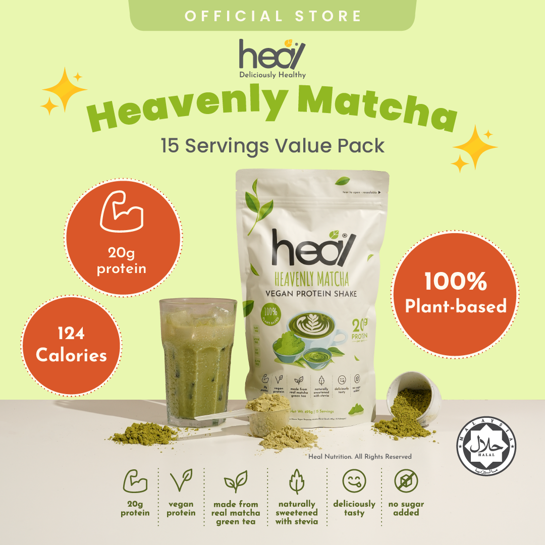 Heal Heavenly Matcha Vegan Protein Shake, (495g - 15 Servings) Value Pack