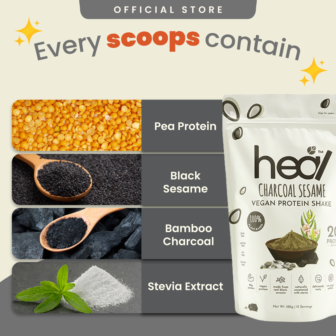 Heal Charcoal Sesame Vegan Protein Shake, (585g - 15 Servings) Value Pack