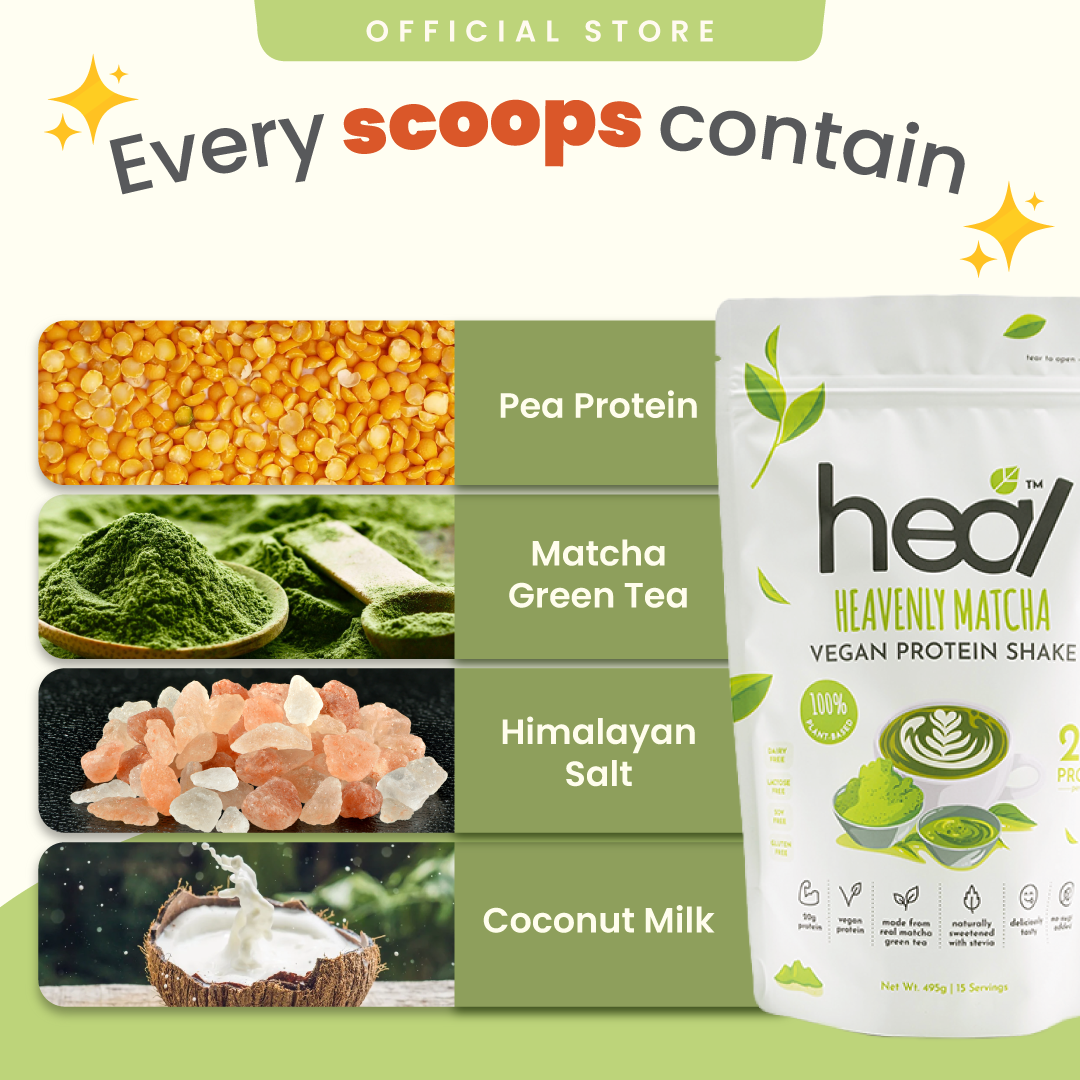 Heal Heavenly Matcha Vegan Protein Shake, (495g - 15 Servings) Value Pack